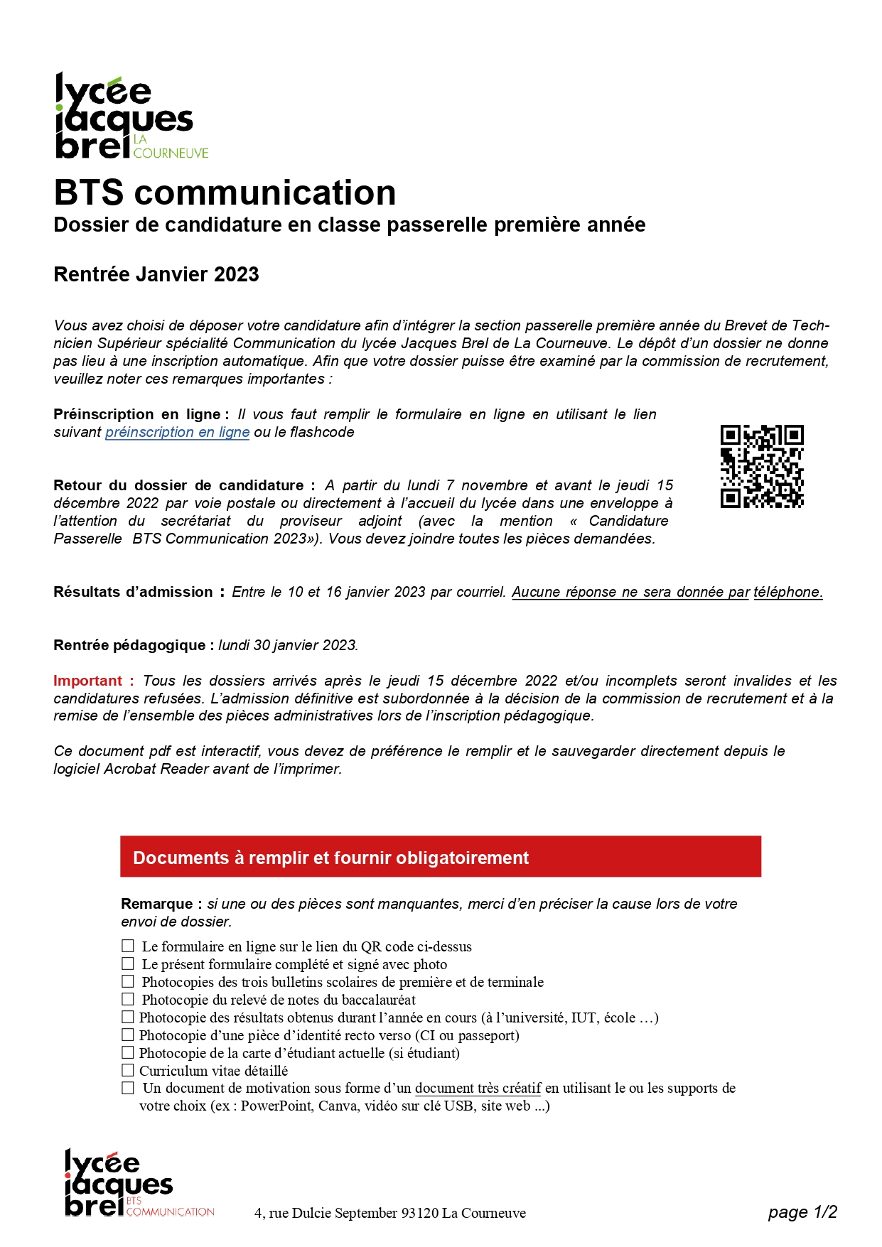 Inscription BTS Communication Passerelle 2023 Lycée Jacques Brel La